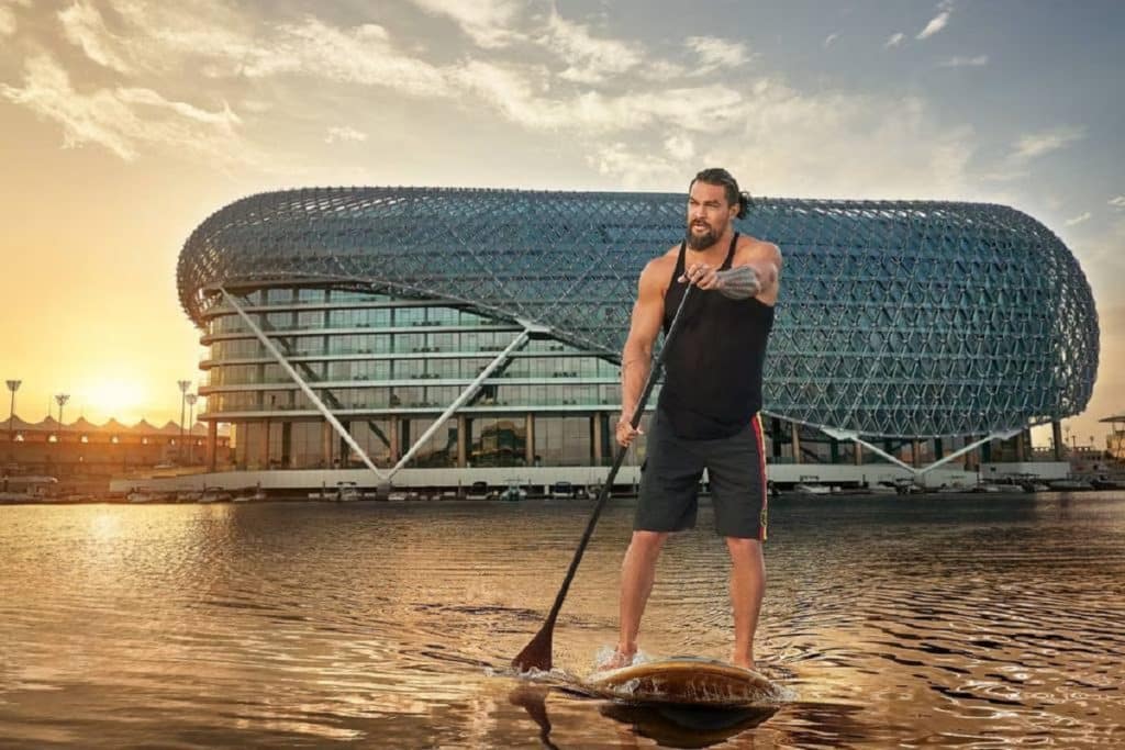 Jason Momoa stand-paddle boarding at Yas Island in Abu Dhabi