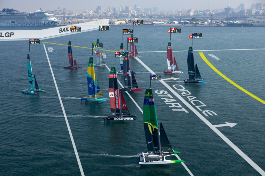 Various team boats on the water, racing towards the finish line