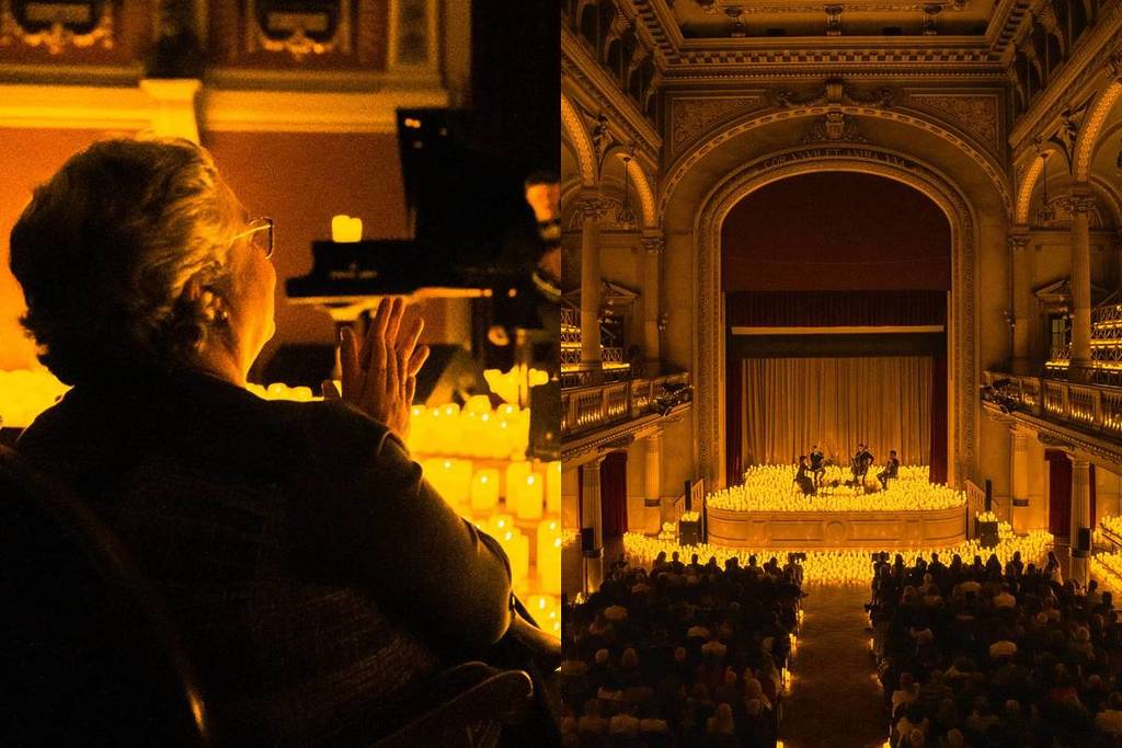 Collage with two images, in the first one, an older woman applauds while enjoying a Candlelight concert; in the second one, a general view of a Candlelight concert at the Auditorio Colegio San José in Buenos Aires.