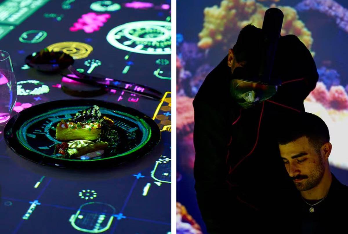 Cena inmersiva con proyecciones de colores sobre los platos y un chef interactuando con los comensales, parte de las experiencias inmersivas Buenos Aires