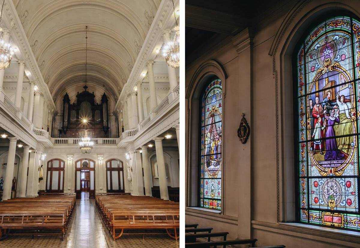 Vista interior de la Capilla Mayor del Colegio La Salle en Buenos Aires, con el órgano al fondo y, a la derecha, un detalle de los vitrales laterales