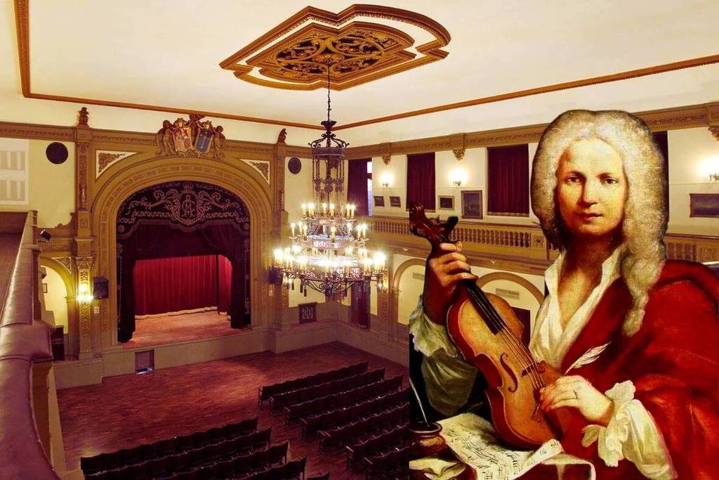 Montaje de Antonio Vivaldi sobre una fotografía del salón principal del Centro Asturiano de Buenos Aires