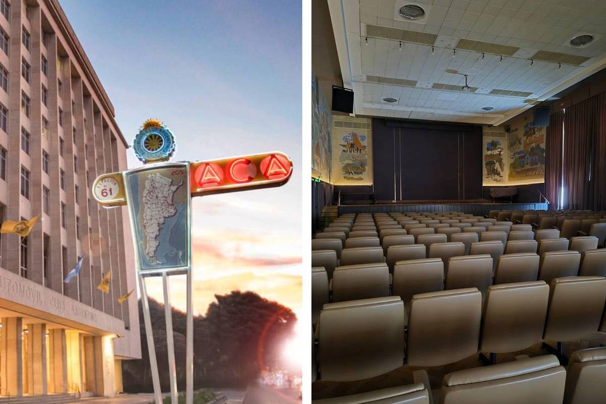 Fachada de la sede central del Automóvil Club Argentino sobre la Avenida Libertador y vista interior del Auditorio César Carman.