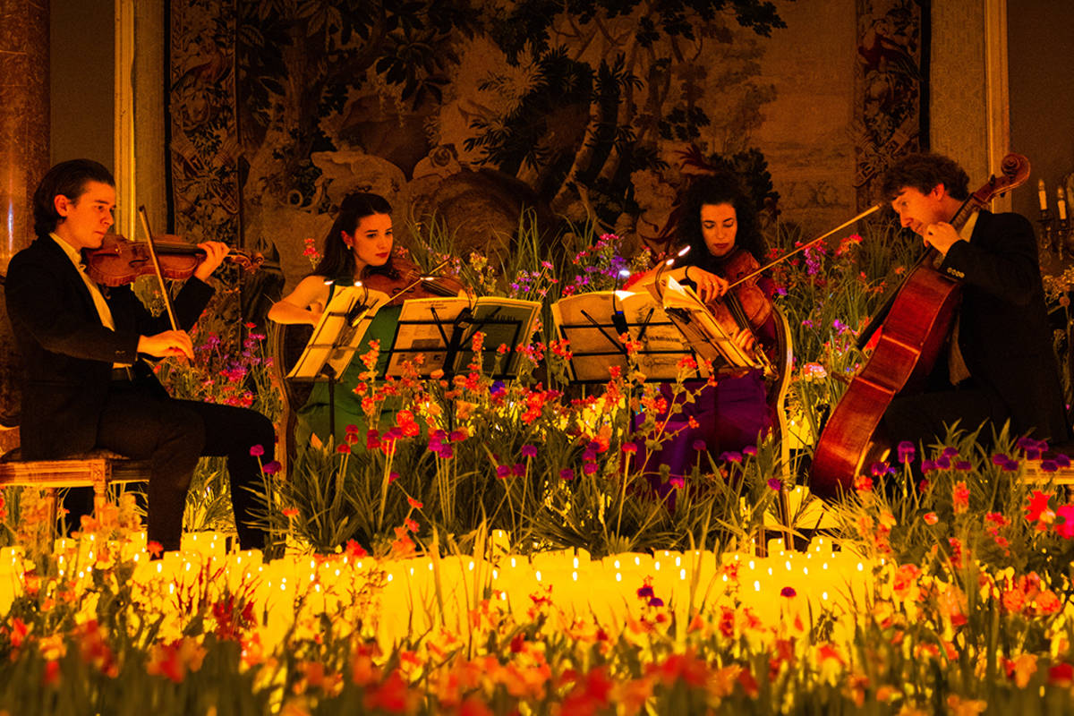 Cuarteto de cuerdas interpreta música de Bridgerton en un concierto a la luz de las velas, rodeado de flores y ambientación romántica