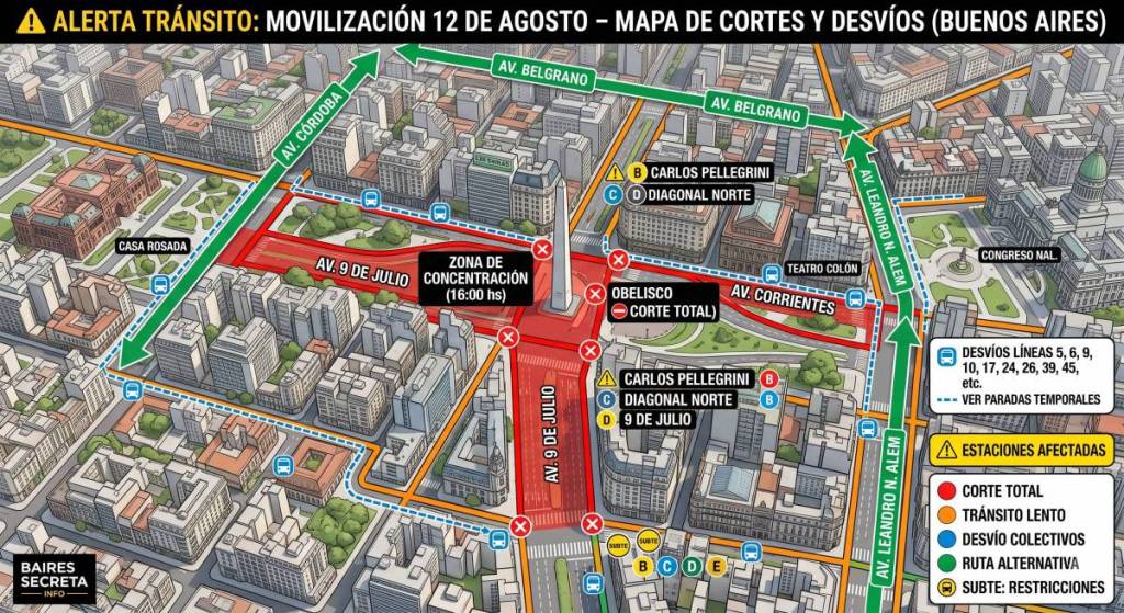 March and protest on August 12 at the Obelisk: road closures, bus detours, and a guide to getting around that day: map
