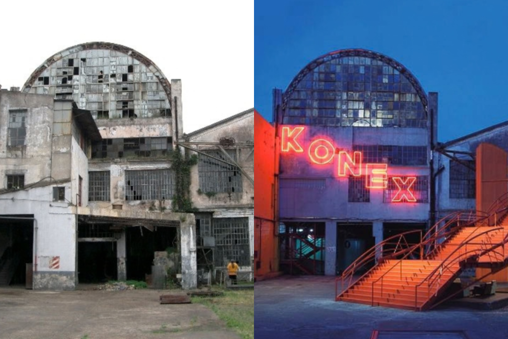 Ciudad Cultural Konex antes y después de la transformación de la antigua fábrica de aceites en centro cultural de Buenos Aires.