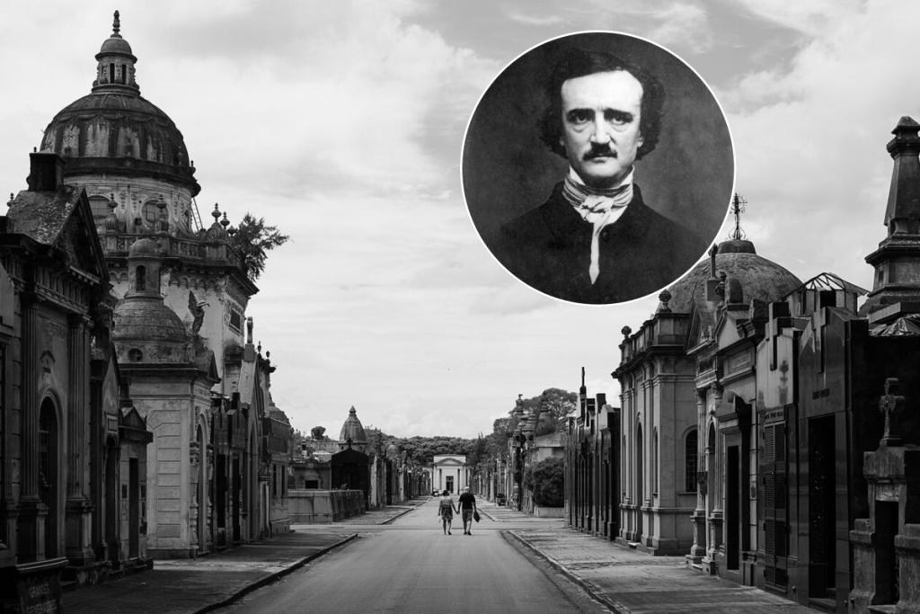 Edgar Allan Poe sobre una vista del Cementerio de la Recoleta en Buenos Aires.