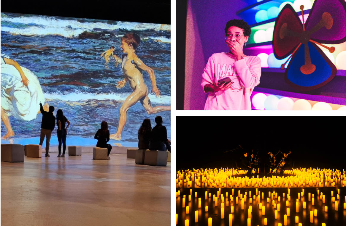 Collage de experiencias de Fever: exposición inmersiva de Sorolla, Mundo Pixar y conciertos Candlelight