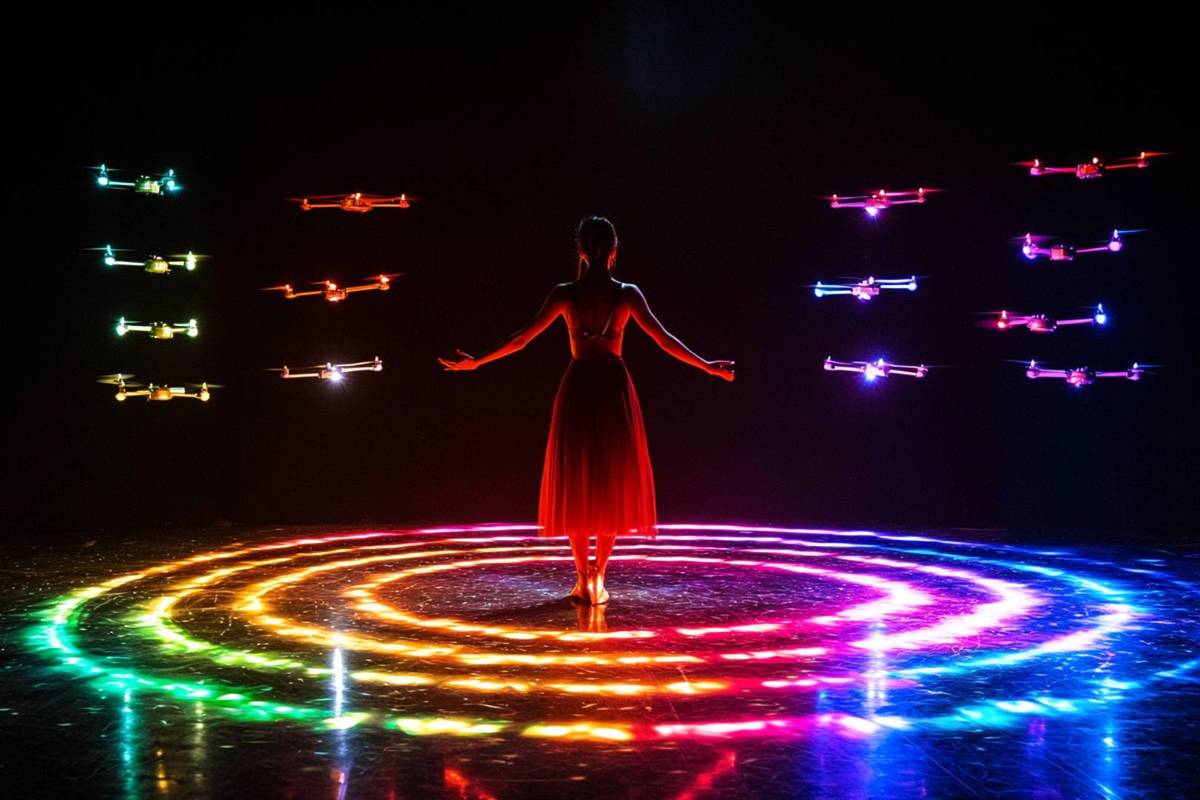 Muchos drones rodean a una bailarina durante The Drone Saga en un escenario iluminado.