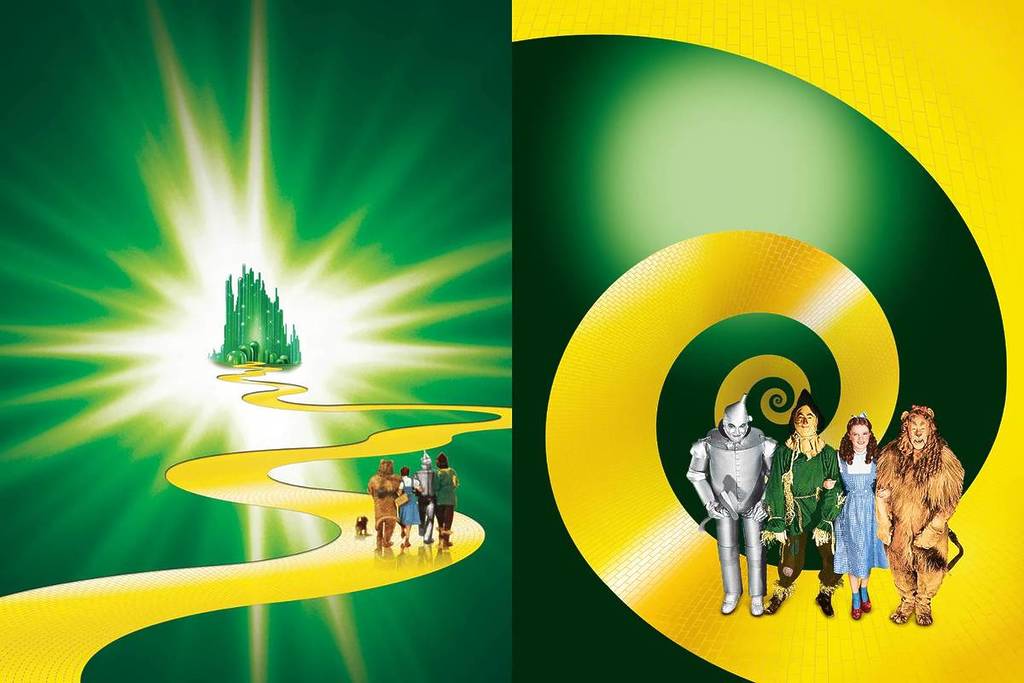 La strada di mattoni gialli del Mago di Oz si snoda sotto una luce verde. Dorothy, lo Spaventapasseri, il Boscaiolo di Latta e il Leone Codardo avanzano insieme verso l'orizzonte...