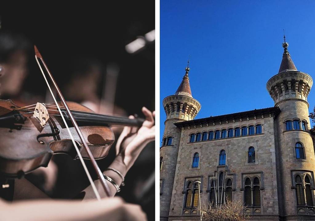 Collage with two images: on the left, a violinist playing classical music in the foreground; on the right, the modernist facade of the Conservatori Municipal de Música de Barcelona.