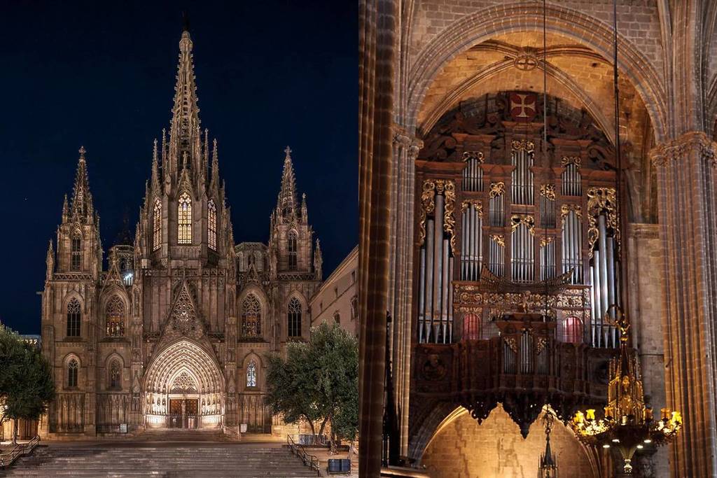 Collage con la fachada iluminada de la Catedral de Barcelona a la izquierda y una vista del gran órgano de la Catedral de Barcelona a la derecha