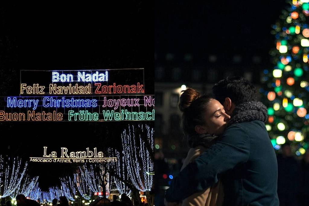 Collage con las luces navideñas de La Rambla de Barcelona y una pareja abrazándose frente a un árbol de Navidad iluminado durante la noche
