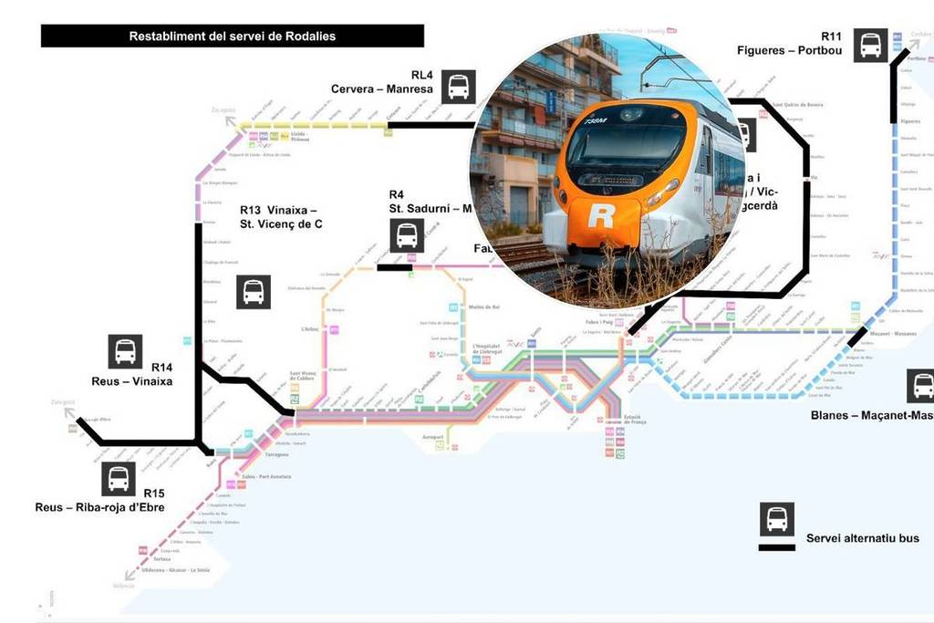 Mapa de la recuperación parcial de Rodalies: qué líneas de tren circularán, hasta dónde y qué servicios alternativos habrá este lunes en Catalunya