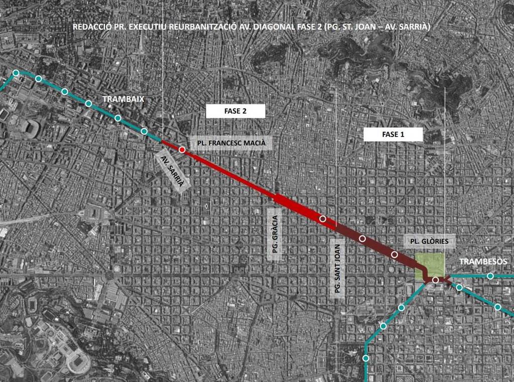 Aceras de 7,5 m. y sólo dos carriles de coches por lado en la Diagonal: así será la conexión del Tranvía que el Ayuntamiento acaba de aprobar