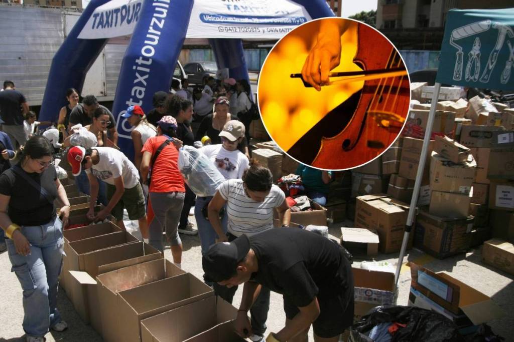 Muchos voluntarios llenan cajas de ayuda por el desastre de los terremotos en Venezuela, y primer plano de la mando de un músico tocando el violonchelo durante un concierto Candlelight.