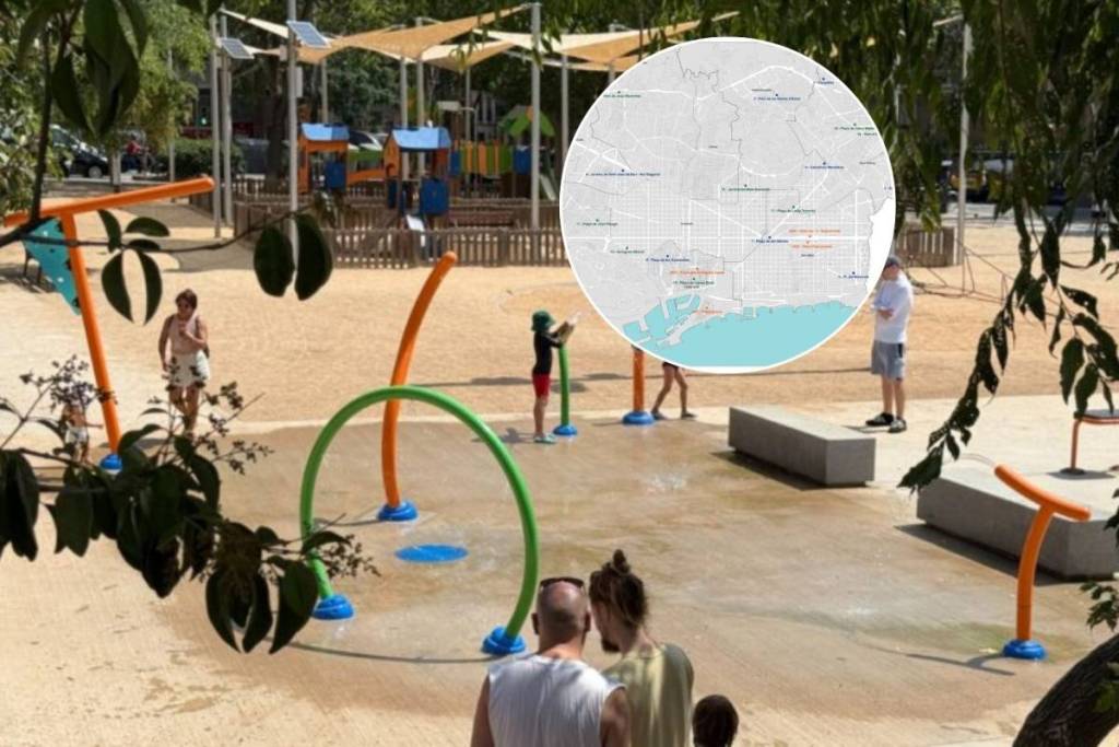 Het zijn net stranden, maar dan van asfalt: een kaart van de 18 waterspeelplaatsen waar je midden tussen de gebouwen in Barcelona een duik kunt nemen