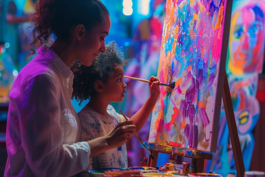Una niña pequeña pinta sobre un lienzo con colores neón junto con una mujer sonriente, en "Neon Brush Kids"