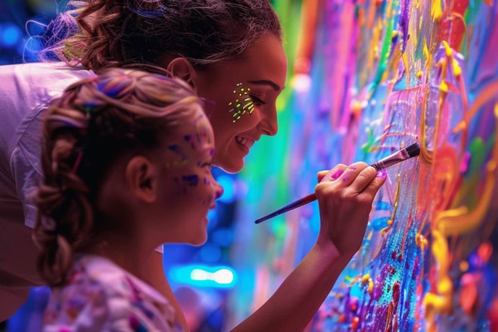 Una niña pequeña y una mujer pintan sonrientes sobre un lienzo con colores fluorescentes en "Neon Brush Kids"