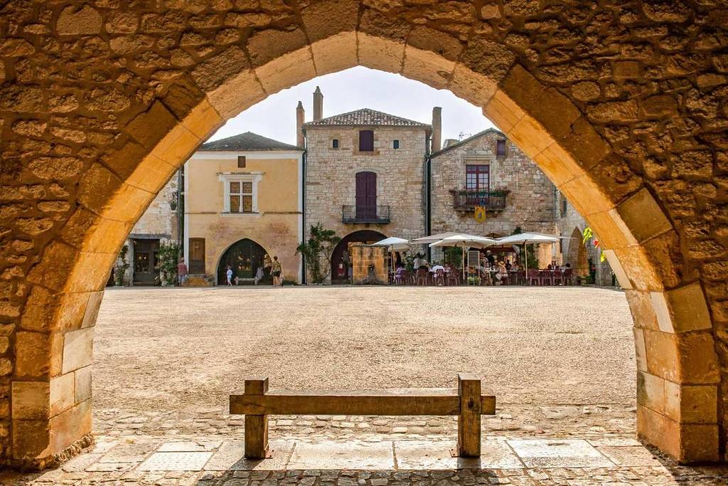 Place des Cornières in Monpazier, a medieval village near Bordeaux