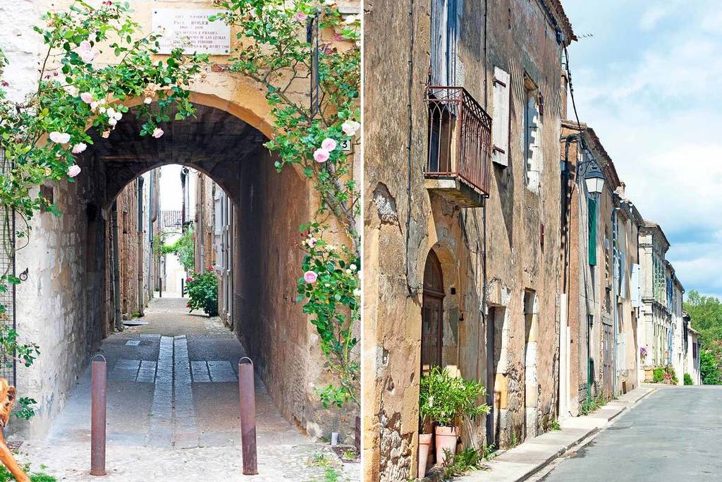 Arcades and narrow streets of Monpazier, a medieval village near Bordeaux