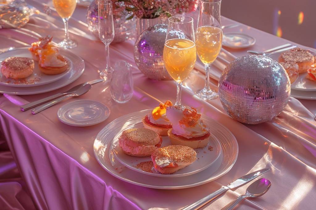 A brunch table set with a purple tablecloth, flutes, and shimmering disco balls.