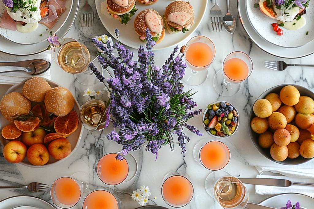 A vase of lavender surrounded by glasses of orange juice and brunch style dishes.