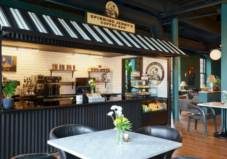 old school coffee shop with striped awning
