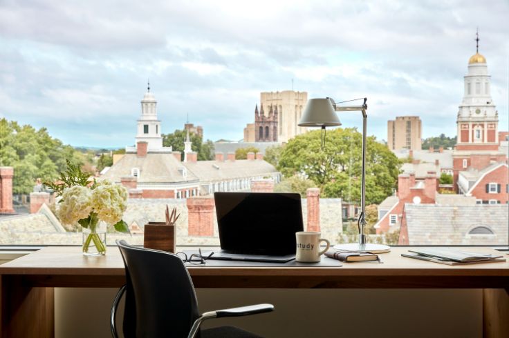 the study at yale guestroom window overlooking yale's old gothic campus
