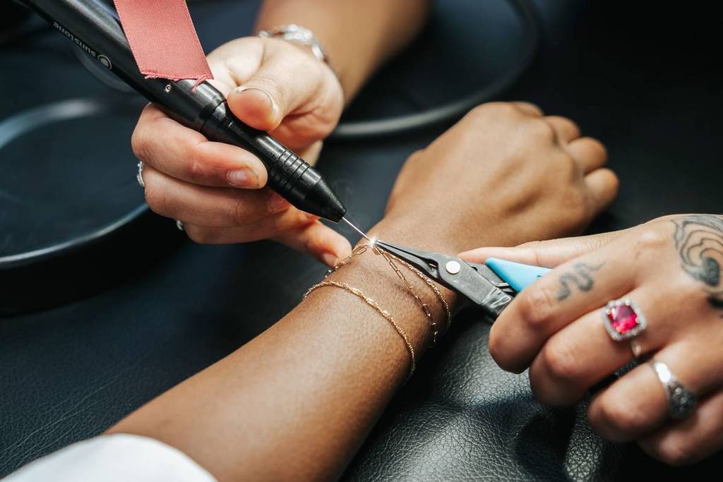 permanent forever jewelry bracelet being welded