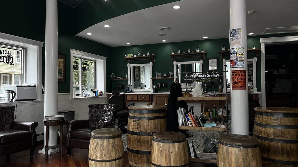 interior of barbershop with coffee shop
