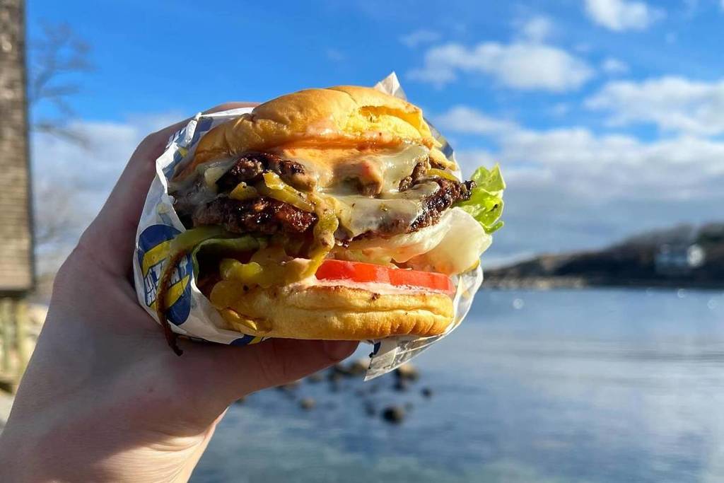 burger with waterfront view