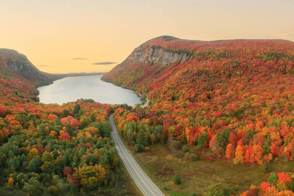Aerial Panorama New England Autumn Lake Willoughby at Sunrise