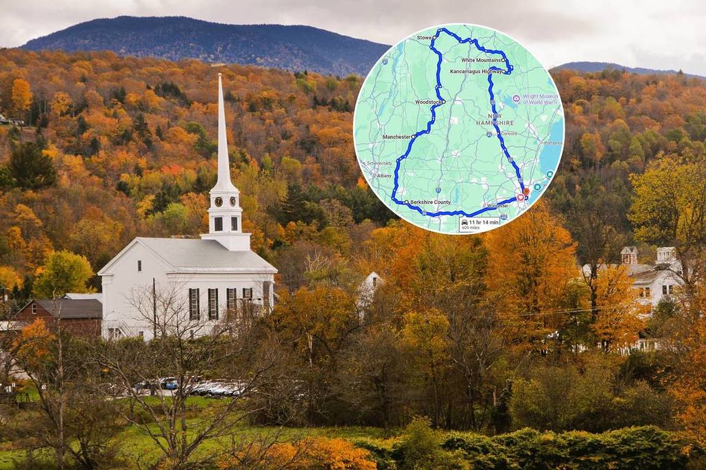 stowe vermont during fall and google map of fall foliage road trip in new england