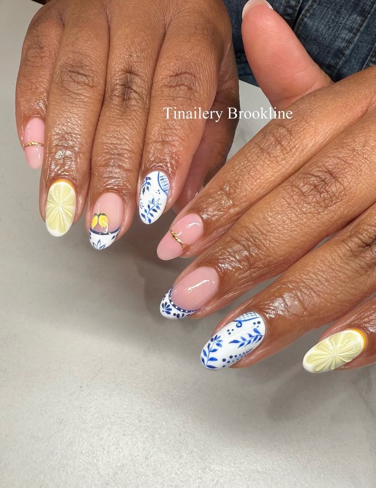lemon summer blue and white nail art