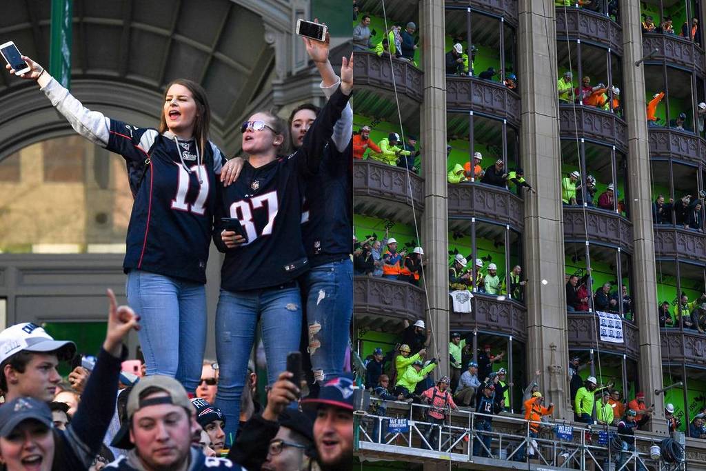 Fans celebrate during the New England Patriots Super Bowl Victory Parade