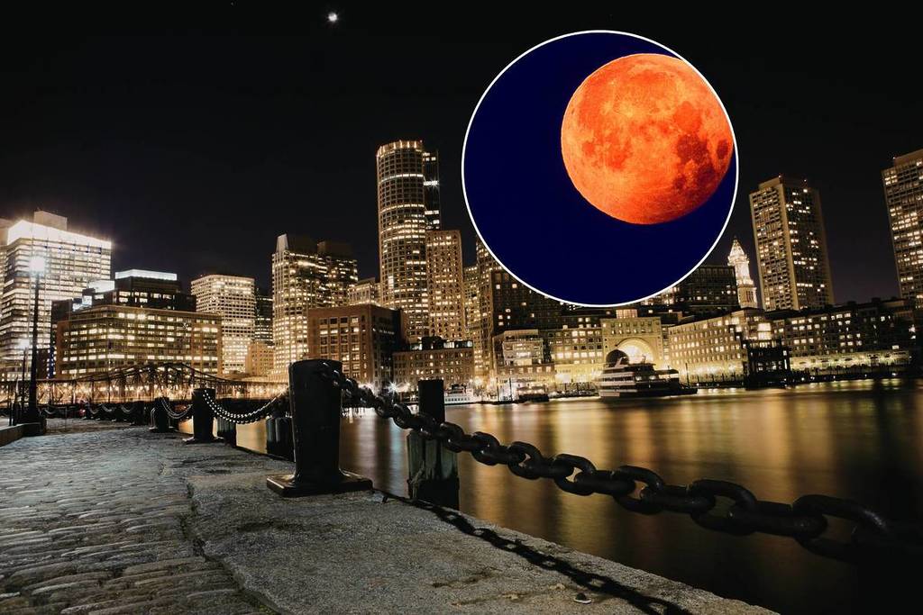 blood moon lunar eclipse over boston night sky