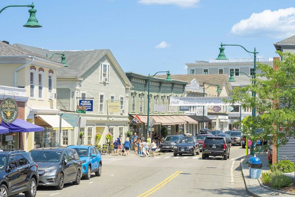 Mystic, CT, USA - July 31, 2023: Main Street in Mystic