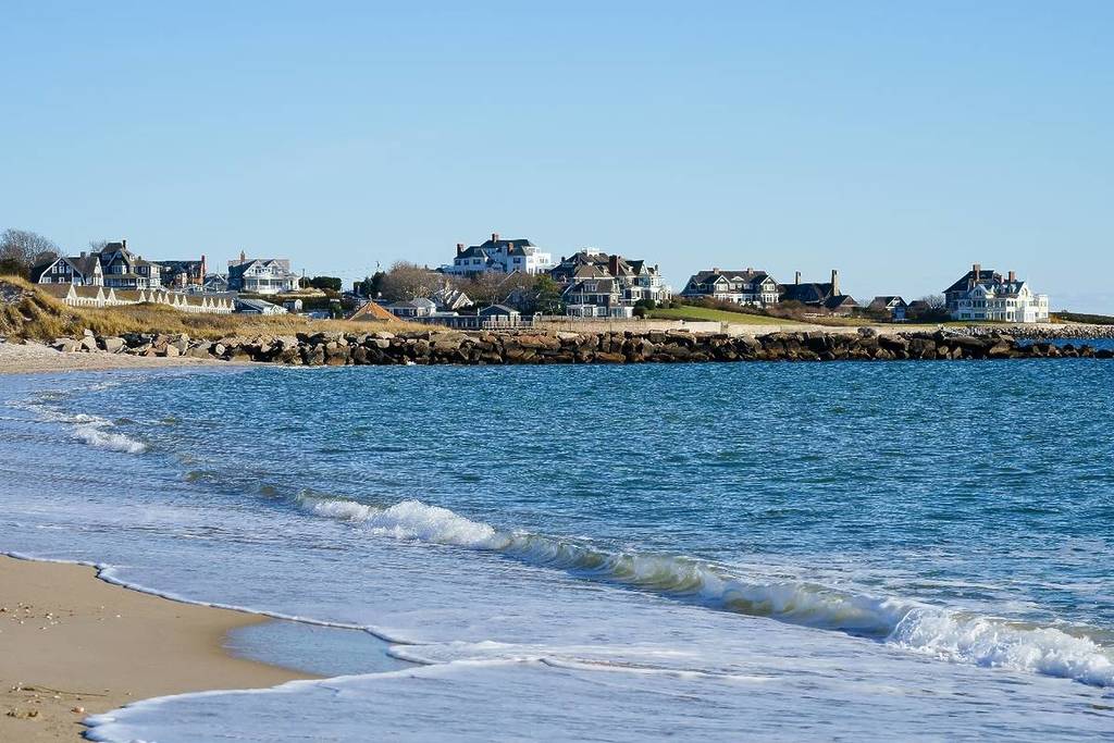 Watch hill beach with the background of waterfront houses Westerly RI USA