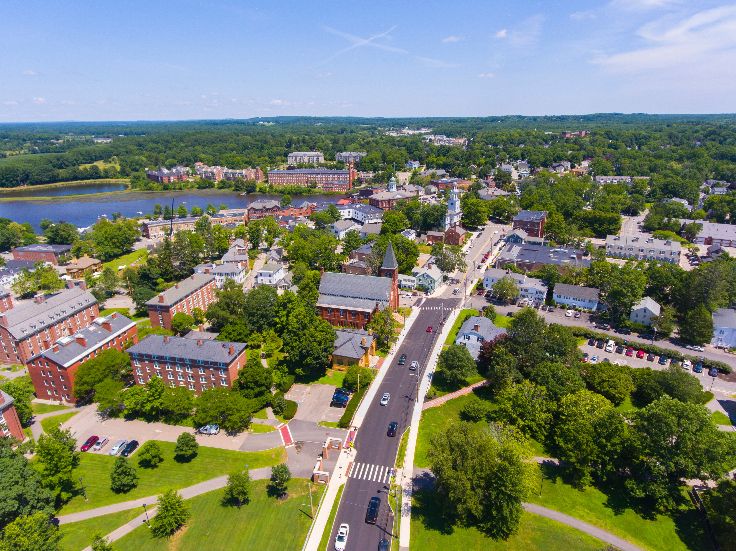 Exeter historic town center aerial view including Congregational Church on Front Street town of Exeter, New Hampshire NH, USA. 