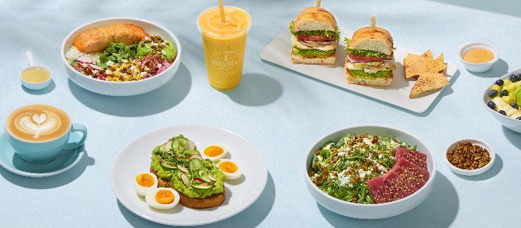 healthy brunch spread with avocado toast, smoothies