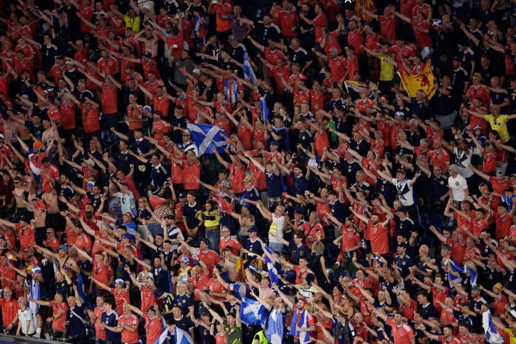 FOXBOROUGH, MASSACHUSETTS - JUNE 13: Scotland fans cheer as the players of Scotland line up for the national anthem before the FIFA World Cup 2026 Group C match between Haiti and Scotland at Boston Stadium on June 13, 2026 in Foxborough, Massachusetts