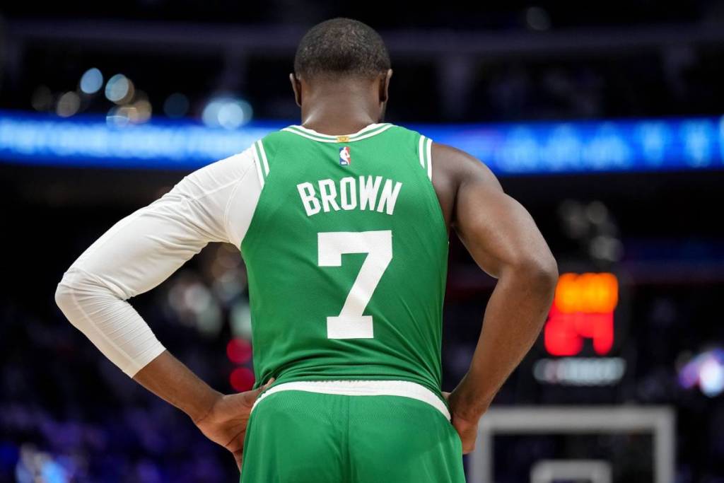 A rear view of Jaylen Brown #7 of the Boston Celtics against the Detroit Pistons during the third quarter at Little Caesars Arena on October 26, 2025 in Detroit, Michigan.