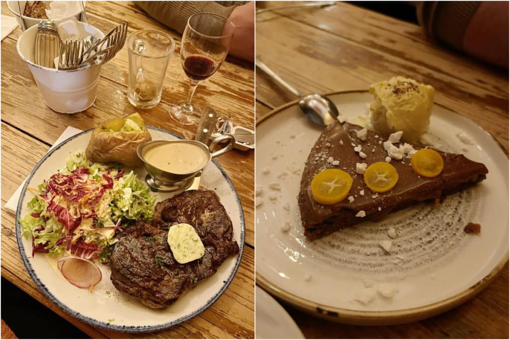 meilleurs restaurants bruxelles plat de viande avec salade tarte au chocolat