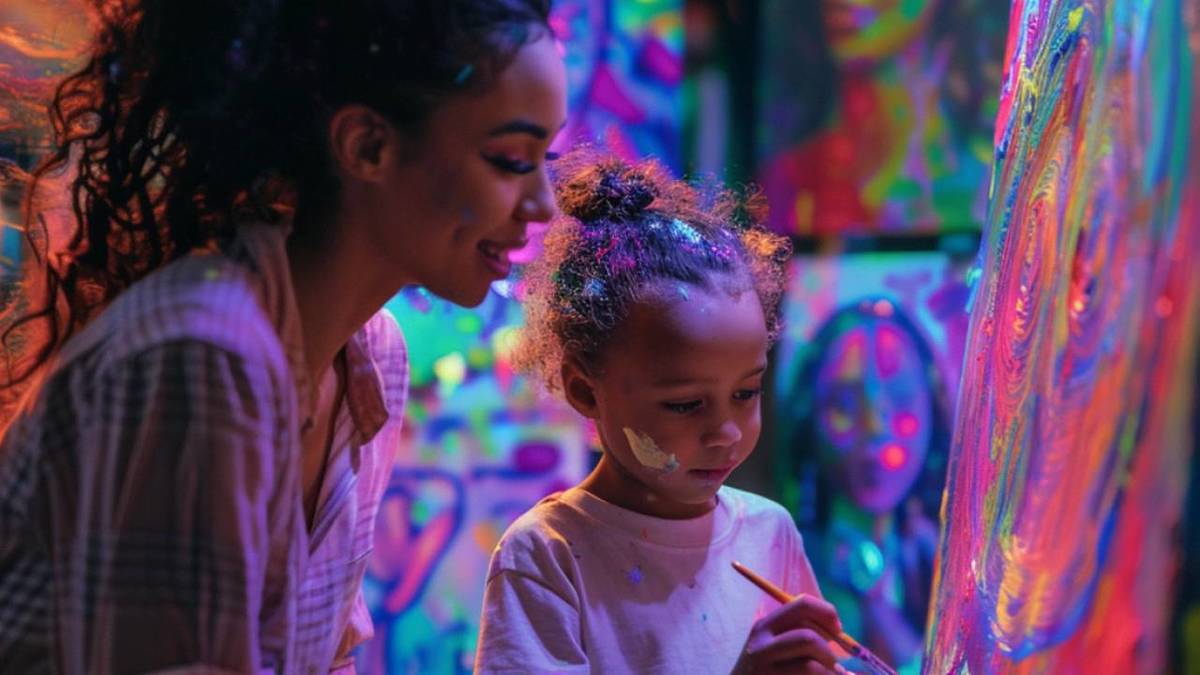 Photo d'une maman et de sa fille en train de peindre à l'atelier Neon Brush Kids