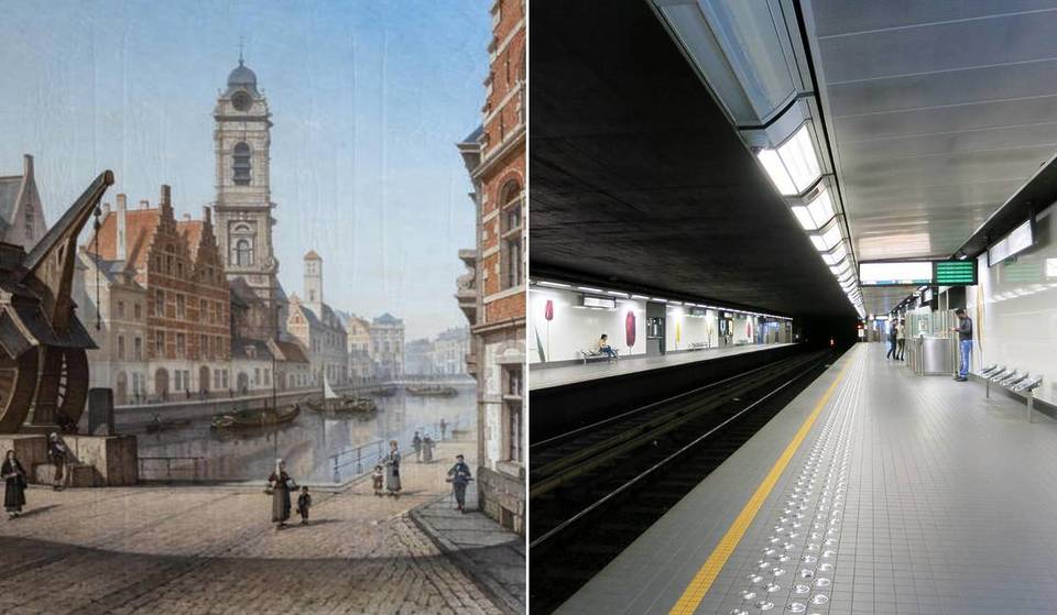 En plein coeur de Bruxelles, cette station de métro très fréquentée est bâtie au dessus d&rsquo;un ancien bassin portuaire – en 1564, c&rsquo;était même l&rsquo;endroit le plus fréquenté du port