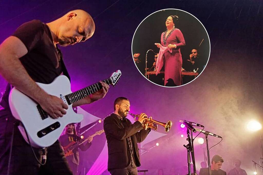 Photo collage of Ibrahim Maalouf and Oum Kalthoum (in a smaller circle)