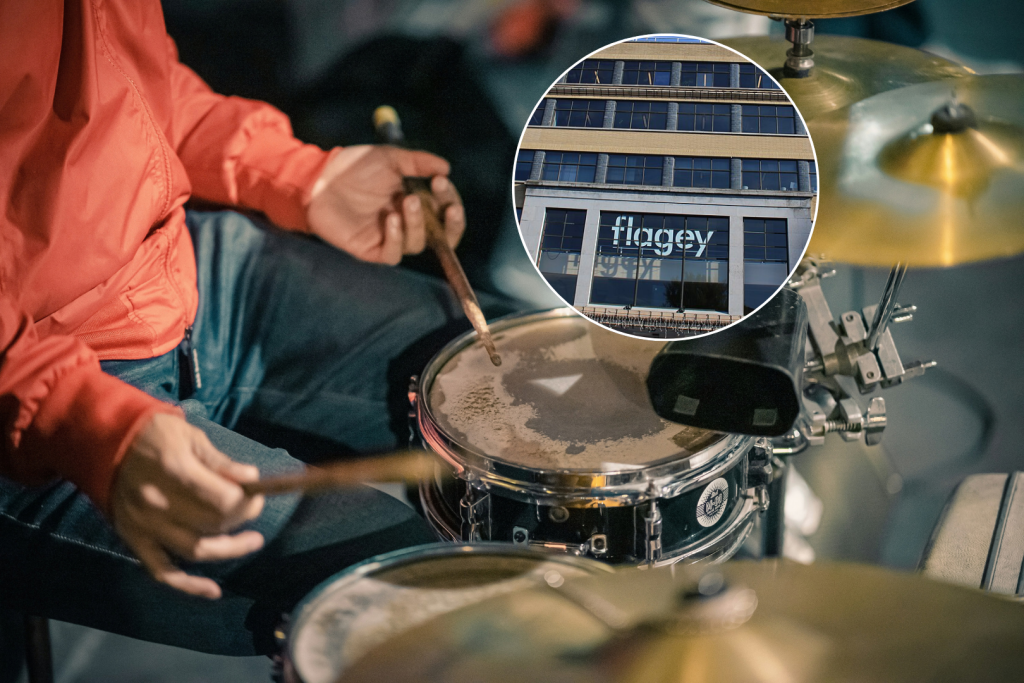 Montage of a drummer and Flagey in Brussels