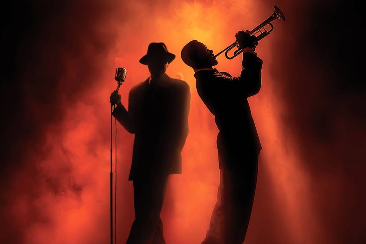 Sileutas de los que podrían ser: Louis Armstrong tocando el saxofón y Frank Sinatra, uno de los tributos de The Jazz Room.