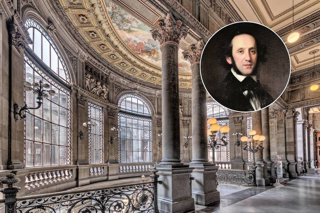 Foto del interior del Munal, y una foto del compositor Felix Mendelssohn